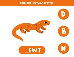 Find missing letter with cartoon newt. Spelling worksheet. vector