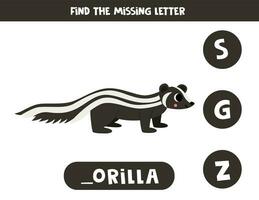 Find missing letter with cartoon zorilla. Spelling worksheet. vector