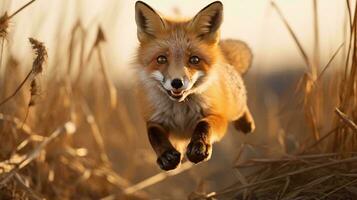 un zorro corriendo mediante un campo ai generado foto