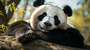 a panda bear lying on a log AI Generated photo