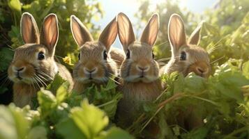 un grupo de conejitos en un campo de césped ai generado foto