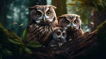 a group of owls on a tree branch AI Generated photo