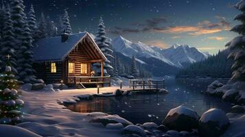 a cabin on a snowy mountain AI Generated photo