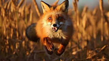 un zorro corriendo mediante seco césped ai generado foto