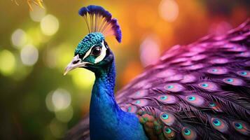 un pavo real con vistoso plumas ai generado foto