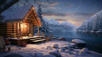 a cabin with a lake and snowy mountains AI Generated photo