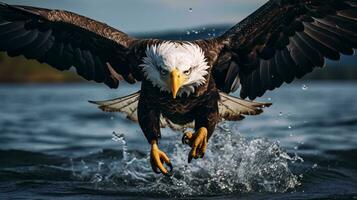 un calvo águila aterrizaje en un pescado ai generado foto