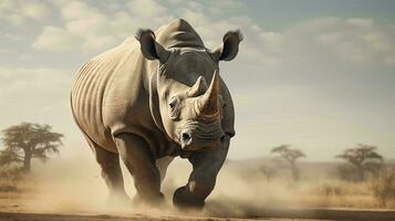 a rhinoceros running in a field AI Generated photo