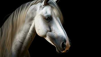 un blanco caballo con un negro antecedentes ai generado foto