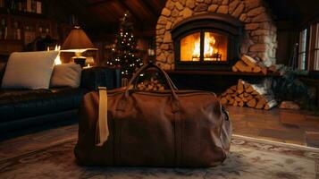 a bag on a couch in front of a fireplace AI Generated photo