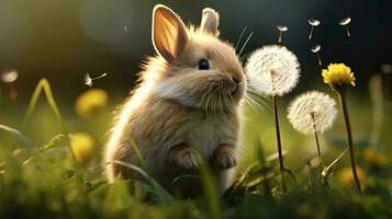 a rabbit in a field of flowers AI Generated photo