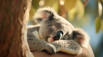 a koala bear sleeping on a tree AI Generated photo