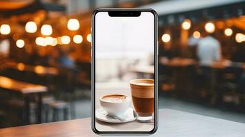 un Teléfono móvil con un taza de café y un taza de café ai generado foto