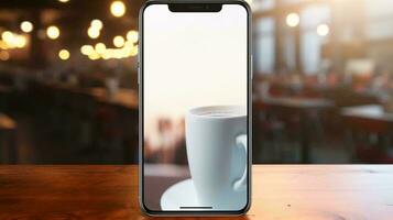 a white mug with a handle on a wooden table AI Generated photo