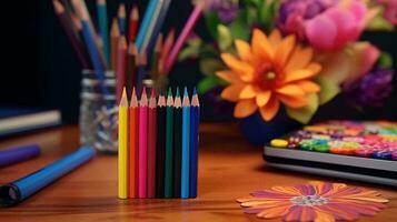 un grupo de lapices y un flor en un mesa ai generado foto