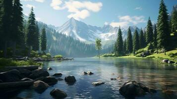 a lake surrounded by trees and mountains AI Generated photo