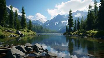 a lake surrounded by trees and mountains AI Generated photo