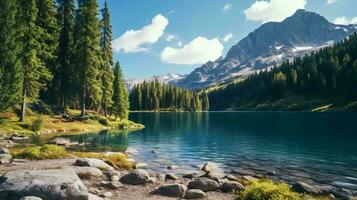 a lake surrounded by trees and mountains AI Generated photo