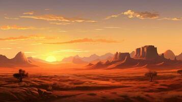 un paisaje con montañas y un puesta de sol ai generado foto
