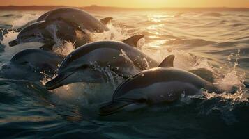 un grupo de delfines nadando en el agua ai generado foto