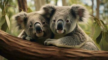 koalas lying on a tree branch AI Generated photo