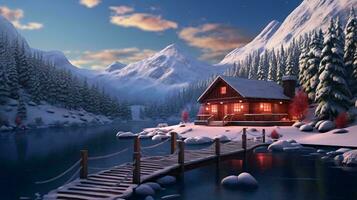 a cabin on a lake surrounded by snow covered mountains AI Generated photo