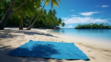 a beach with palm trees and blue water AI Generated photo