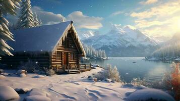 a cabin in the snow AI Generated photo