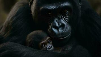 a gorilla holding a baby gorilla AI Generated photo