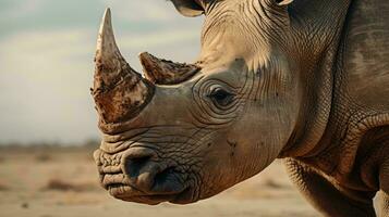 un cerca arriba de un rinoceronte ai generado foto