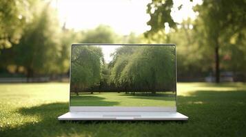 a laptop on a lawn AI Generated photo