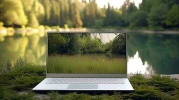 a laptop on the grass AI Generated photo