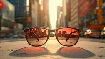 un par de Gafas de sol en un calle ai generado foto