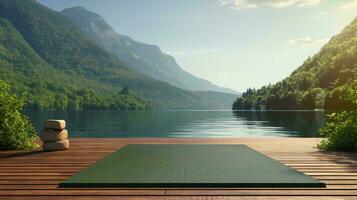 a wood deck overlooking a lake AI Generated photo