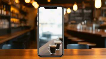 un célula teléfono con un taza de café en el mesa ai generado foto