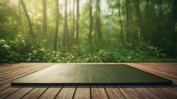 a wood deck in a forest AI Generated photo