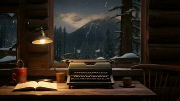 a desk with a computer and a window with snow and mountains AI Generated photo