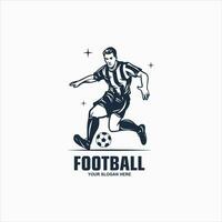 fútbol emblema con un silueta de el jugador y pelota aislado monocromo imagen vector