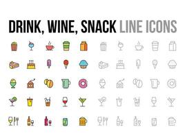 Beverage, wine, snack, food restaurant menu vector bright colored thin line icon collection