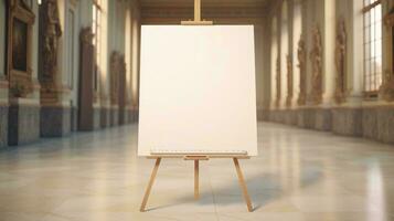 a white board on a stand in a room with art on the walls AI Generated photo