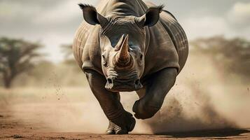 a rhino running in the dirt AI Generated photo