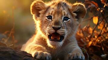 a lion cub with its mouth open AI Generated photo