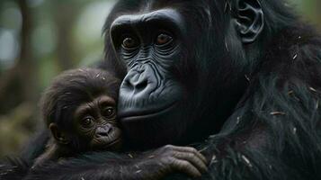 un de cerca de un gorila y un bebé gorila ai generado foto