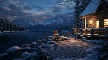 un cabina en un Nevado lago ai generado foto