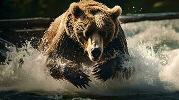 un oso saltando fuera de el agua ai generado foto