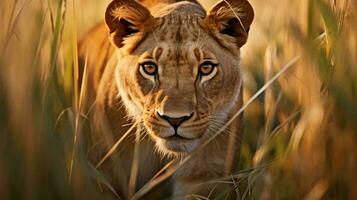 a lion in tall grass AI Generated photo