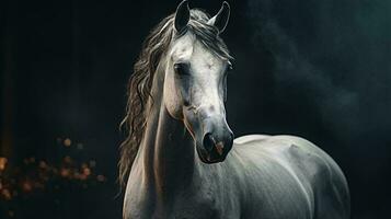 un blanco caballo con un negro antecedentes ai generado foto