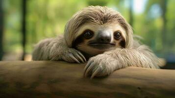 a sloth lying on a wood surface AI Generated photo