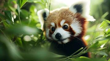 un rojo panda en un árbol ai generado foto