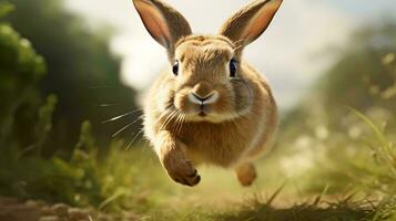 un Conejo corriendo mediante césped ai generado foto